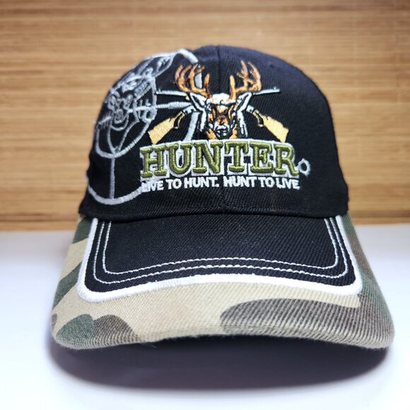 Hunter Hat Cap Live to Hunt Hook & Loop Adjustable Deer Buck Black & Cammo - Picture 6 of 12